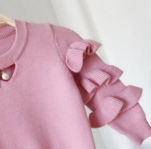 The Pink Frilly Knitted Wool Sweater for Girls