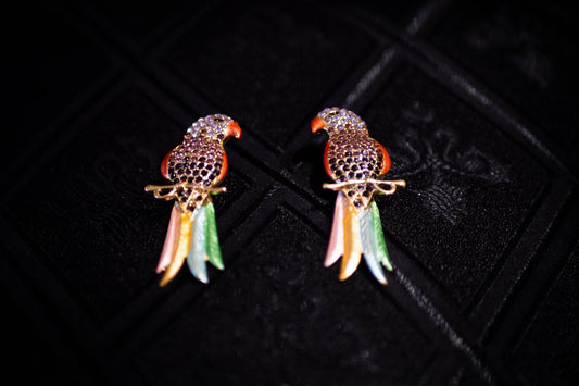 Unique parrots sitting on a perch, rhinestone earrings