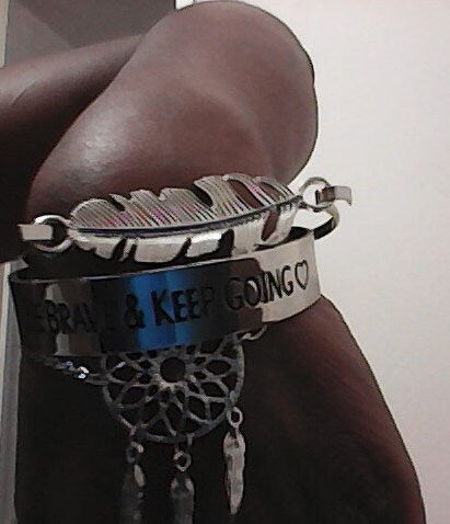 Be Brave and keep Going silver cuff and  charm bracelet