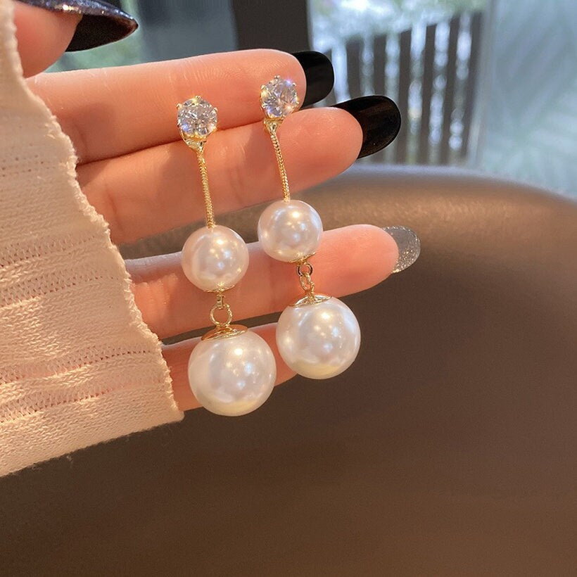 The Double Beaded Pearl and Rhinestone Earrings